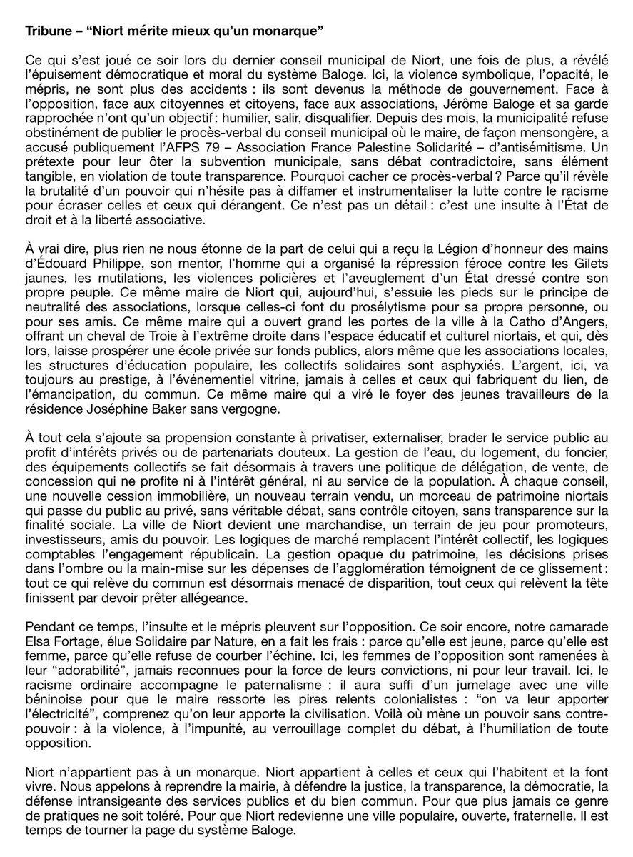 FrancoisCharr0n's tweet photo. Retrouvez ma tribune ✊ : “Niort mérite mieux qu’un monarche”. Contre le mépris, l’opacité, la privatisation et la brutalité du système @JeromeBaloge
Place à la démocratie, à l’égalité et à la justice populaire ! 🔴✍️ #Niort #StopBaloge #Municipales2026 https://t.co/ztbVnuZSiL