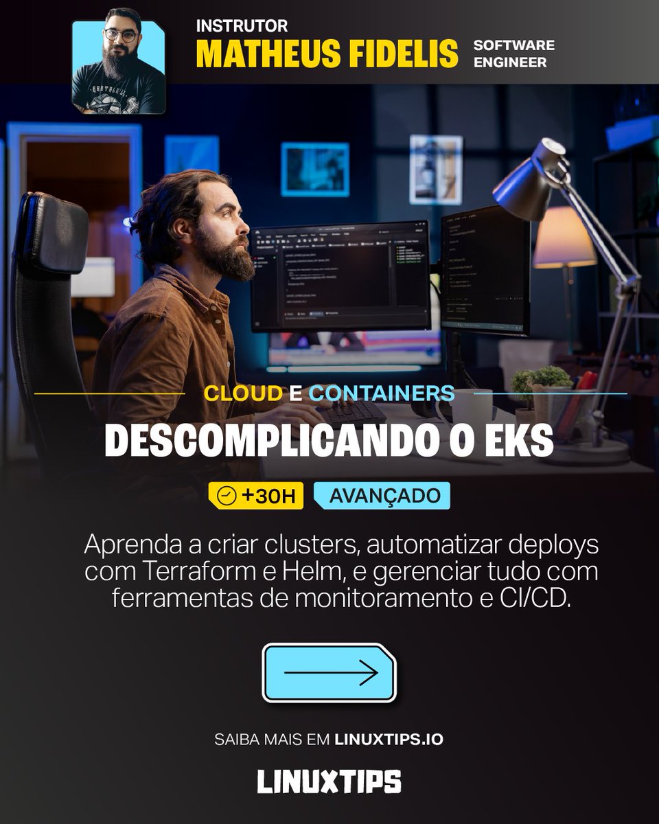 🚨Temos uma super novidade para você: novo treinamento com o <a href="/fidelissauro/">Matheus Fidelis @ 0.0.0.0</a>!! O treinamento Descomplicando EKS foi lançado hoje, feito para você que busca dominar o Elastic Kubernetes Service da AWS de forma prática e eficiente.
linuxtips.io/treinamento/de…