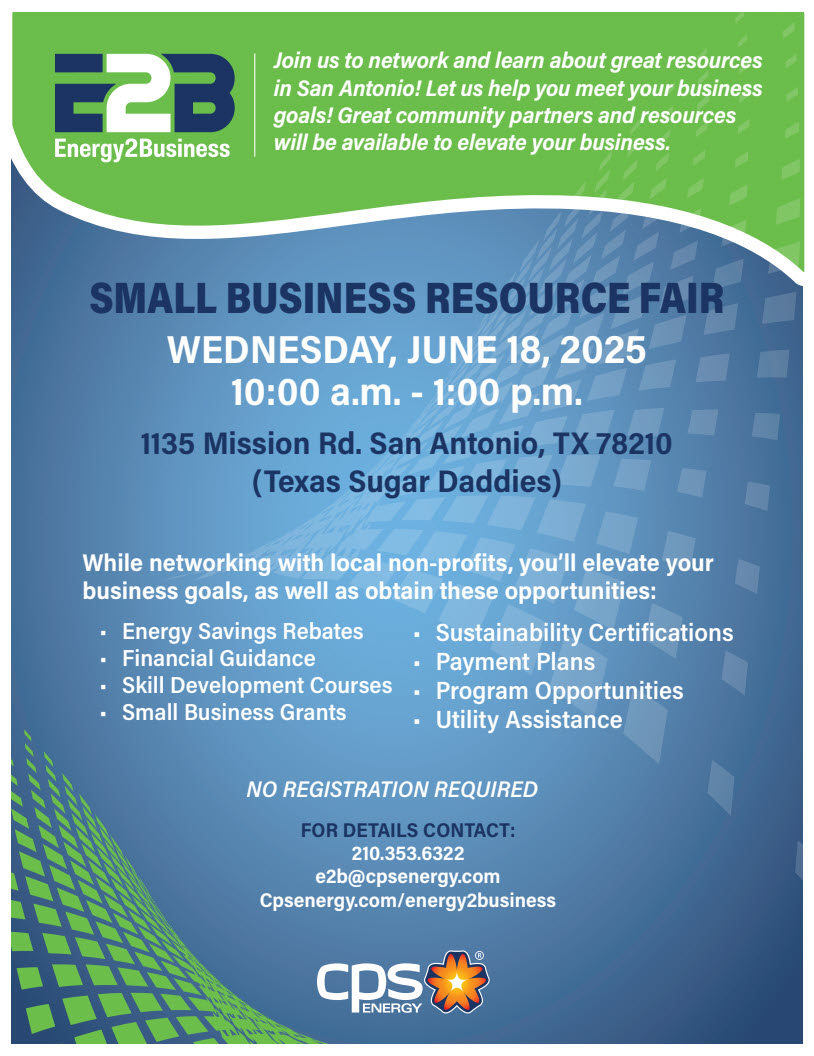 Calling all small business owners! 📣👋 Join our E2B Small Business Resource Fair this Wed. 6/18 from 10am-1pm to connect with great community partners and resources that can elevate your business. No registration required! Learn more: cpsenergy.com/e2b
