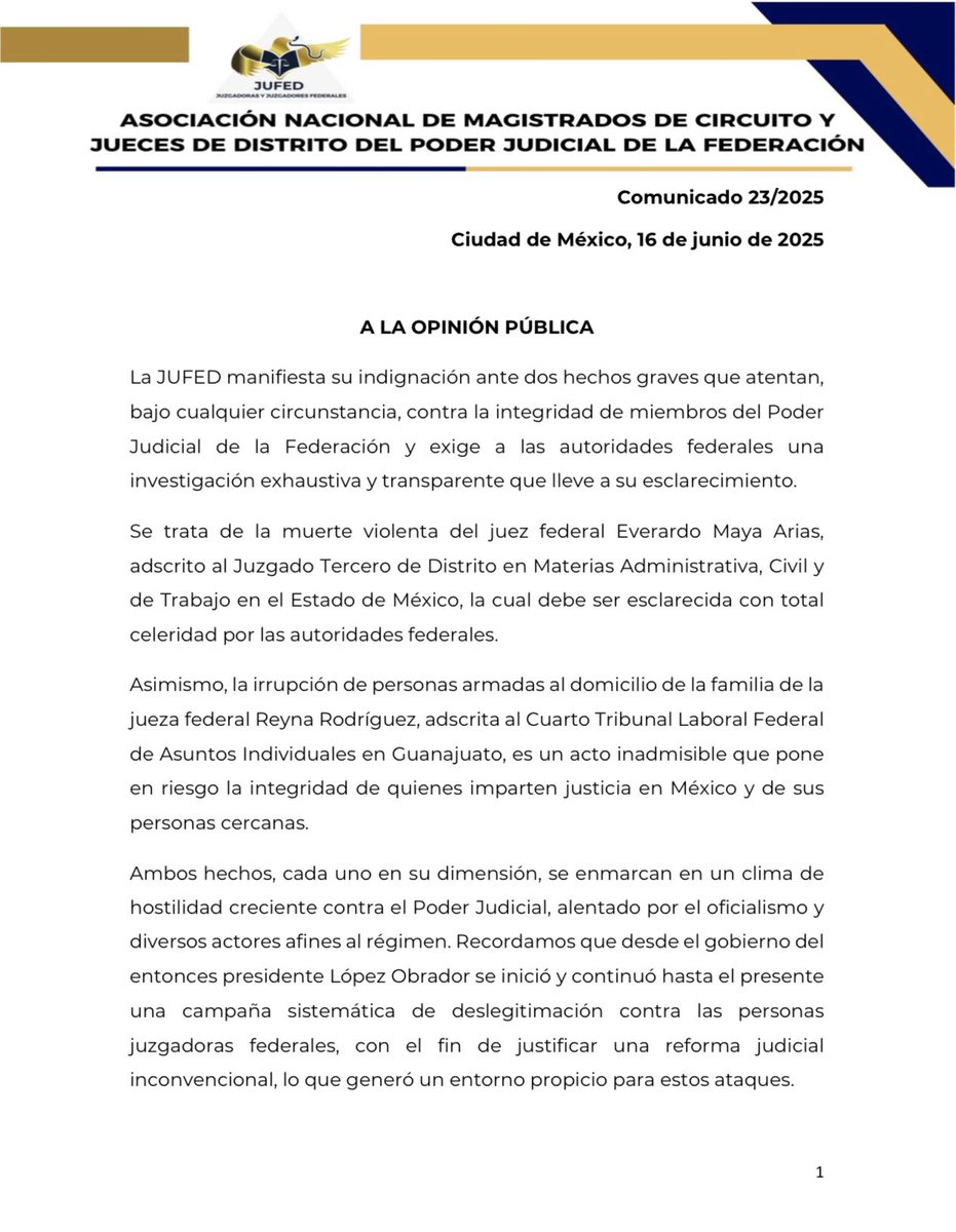 jufed_org's tweet image. 🟡#COMUNICADO Ante el clima de hostilidad contra el Poder Judicial, condenamos y demandamos una investigación exhaustiva de los hechos recientes contra dos personas juzgadoras del #PJF.