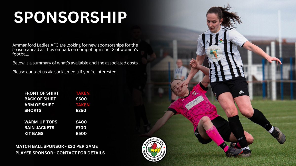 🏴 SPONSORSHIP 🏴

We are looking for new sponsors in preparation for the season ahead.

Prices relating to match day kit includes sponsorship for both home and away kit. 

Please contact us on our social media, if you or your business are interested, or if you have any queries.