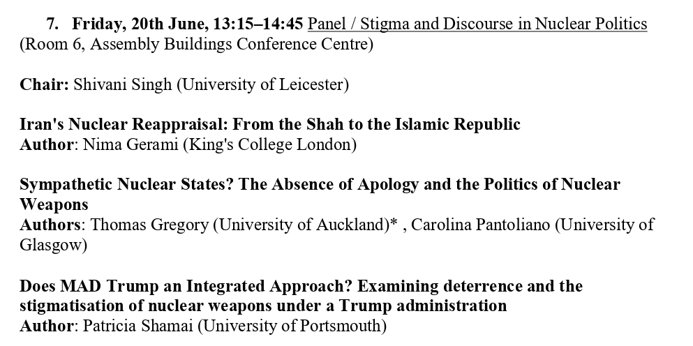 BISA Global Nuclear Order (@bisanuclear) on Twitter photo Panel 6: Stigma and Discourse in Nuclear Politics
Date: June 20 (Friday)
Time: 13:15-14:45
Place: Room 6, Assembly Buildings Conference Centre
<a href="/Shivanisingh943/">Shivani Singh</a> Nima Gerami <a href="/CarolPantoliano/">Carolina Pantoliano</a> <a href="/Tom_Gregory/">Thomas Gregory</a> <a href="/pshamai/">Patricia Shamai</a> Panel 6: Stigma and Discourse in Nuclear Politics
Date: June 20 (Friday)
Time: 13:15-14:45
Place: Room 6, Assembly Buildings Conference Centre
<a href="/Shivanisingh943/">Shivani Singh</a> Nima Gerami <a href="/CarolPantoliano/">Carolina Pantoliano</a> <a href="/Tom_Gregory/">Thomas Gregory</a> <a href="/pshamai/">Patricia Shamai</a>