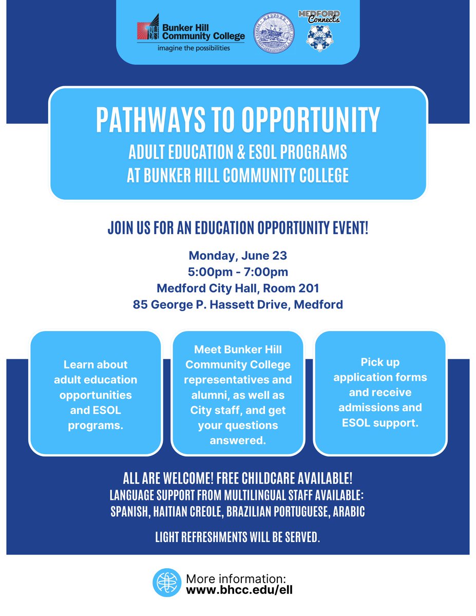 Join the City and Bunker Hill Community College for an information and resource session about adult education opportunities and ESOL programs offered by the college on Monday, June 23 from 5pm to 7pm at City Hall (Room 201).

Find more information at bhcc.edu/ell.