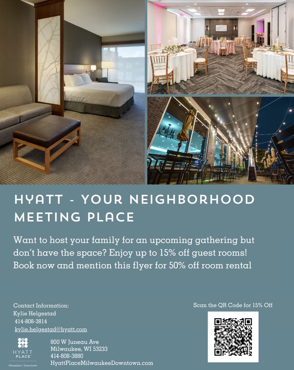eleven25atpabst's tweet photo. Hey Residents! Did you know we partnered with @HyattPlace MKE? 🌆
This summer, enjoy up to 15% off guest rooms + 50% off event space when you mention the flyer!

Perfect for hosting friends &amp; fam while they visit 💼🏙️
📍Right by Eleven25
#MKEsummer #HyattPlace #Eleven25atPabst https://t.co/sqS8aFWrsS