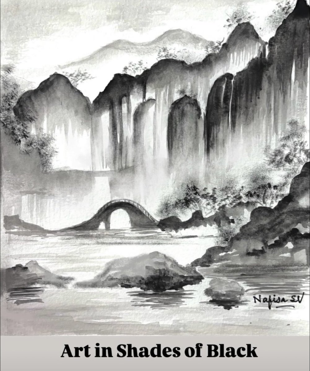 🖌️ 
Cliffs wear waterfalls like flowing art, softened by drifting mist..
#SelfCreation
#InShadesofBlack
#WaterColourArt
Good Morning Dear Friends,
Have a great day!!