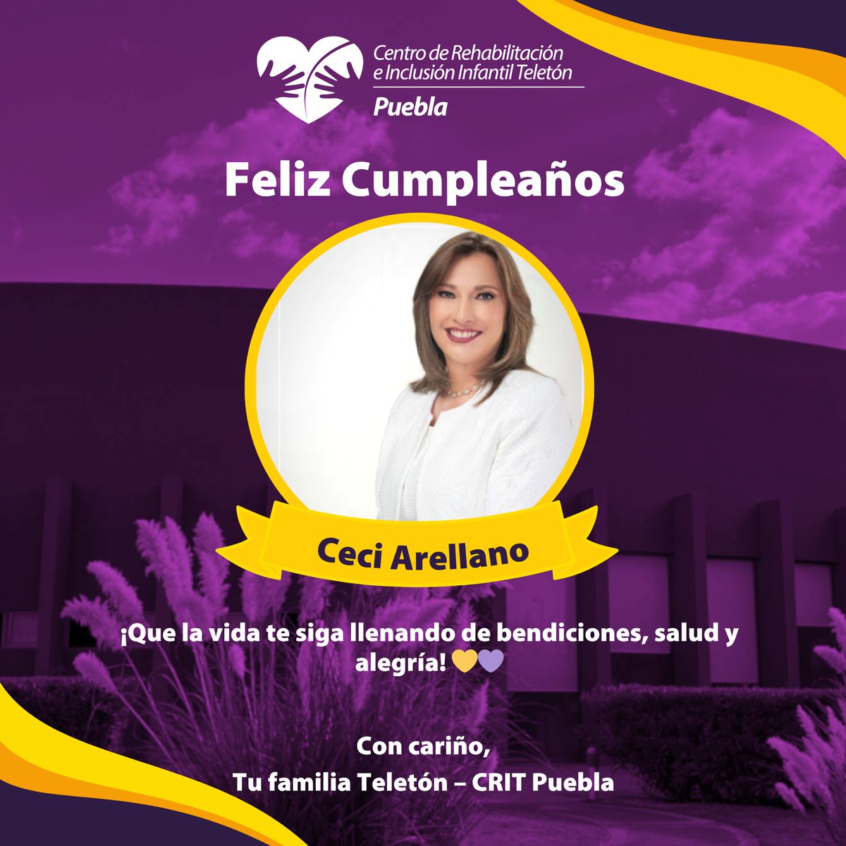 CRITPuebla's tweet photo. 🎉 ¡Feliz cumpleaños, Ceci Arellano! 🎂
Celebramos a una mujer inspiradora, comprometida y con un corazón que siempre late por el bienestar de las familias poblanas.

¡Que este nuevo año esté lleno de luz, alegría y bendiciones! 💛💜

Con cariño,
Tu familia Teletón – CRIT Puebla https://t.co/0WMrTb0Yfc