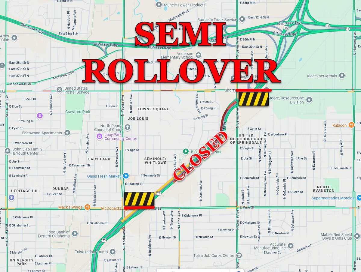 TulsaPolice's tweet image. SEMI ROLLOVER ON HWY 75

Highway 75 is shut down in both directions between Pine and Apache due to an injury crash.

A semi rolled over carrying large metal piping, and there is debris on both sides of the highway.

Officers are currently on the scene. Traffic is being diverted…