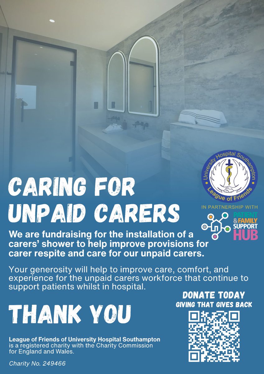 Jennifer Milner (@jennyloumilner) on Twitter photo With Learning Disability week underway it’s the perfect time to launch our fundraising campaign to support our unpaid carers! <a href="/UHSFT/">University Hospital Southampton 💙</a>
🚿 We know how important a shower and refresh is, we want to provide the ability to step away and freshen up!
justgiving.com/campaign/uhs-p… With Learning Disability week underway it’s the perfect time to launch our fundraising campaign to support our unpaid carers! <a href="/UHSFT/">University Hospital Southampton 💙</a>
🚿 We know how important a shower and refresh is, we want to provide the ability to step away and freshen up!
justgiving.com/campaign/uhs-p…