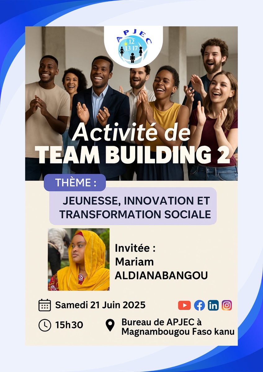 L’APJEC vous invite à une journée de cohésion, de partage et d’inspiration autour du thème :
"𝙅𝙚𝙪𝙣𝙚𝙨𝙨𝙚, 𝙄𝙣𝙣𝙤𝙫𝙖𝙩𝙞𝙤𝙣 𝙚𝙩 𝙏𝙧𝙖𝙣𝙨𝙛𝙤𝙧𝙢𝙖𝙩𝙞𝙤𝙣 𝙎𝙤𝙘𝙞𝙖𝙡𝙚".

#Apjec #TeamBuilding2 #InnovationJeunesse #EngagementSocial