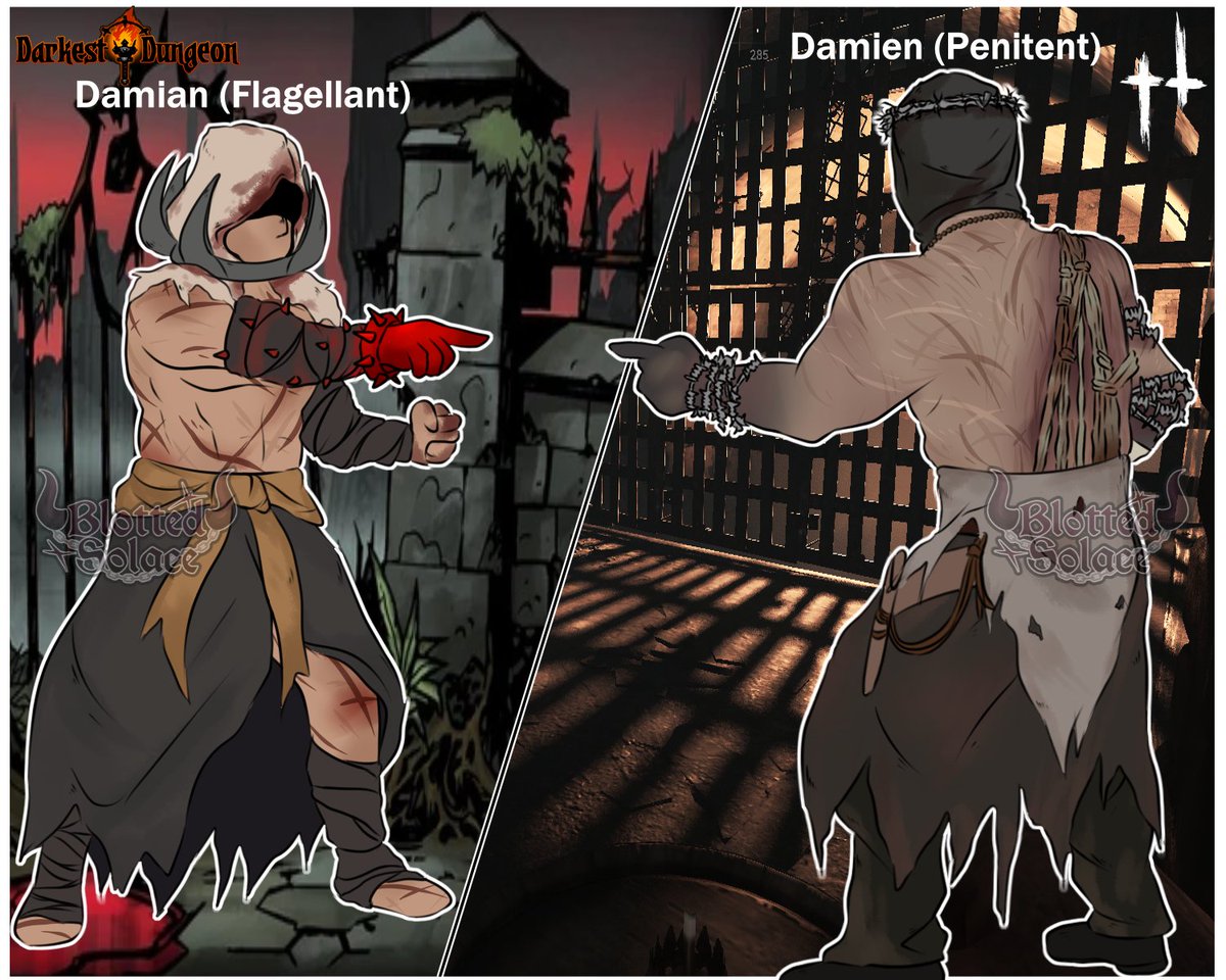 BlottedSolace's tweet photo. Damian meets Damien was yapping with @spaccadt about this a while back, Flagellant and Penitent meeting would be both hilarious and disasterous!

  (sorry if my flagellant looks bad,, is my first time drawing anything DD related...)
#HuntShowdown #DarkestDungeon https://t.co/r7PMsFysKW