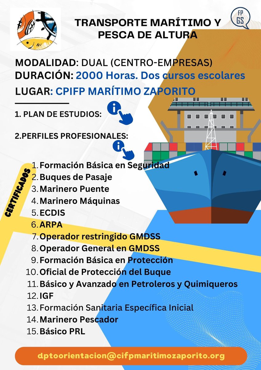 CPIFP Marítimo Zaporito (@czaporito) on Twitter photo Quieres dedicar tu actividad profesional al transporte marítimo de carga, pasaje o a buques de pesca?
Es importante que investigues a fondo los diferentes ciclos formativos disponibles, consultes los planes de estudio y te informes sobre las salidas profesionales que te interesan Quieres dedicar tu actividad profesional al transporte marítimo de carga, pasaje o a buques de pesca?
Es importante que investigues a fondo los diferentes ciclos formativos disponibles, consultes los planes de estudio y te informes sobre las salidas profesionales que te interesan