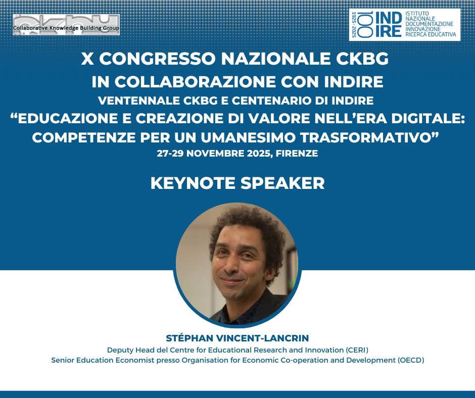 📣 Call for proposals in scadenza!
Hai tempo fino al 30 giugno 2025 per inviare il tuo contributo al IX Congresso Nazionale CKBG (27–29 nov, Firenze).
Tema: Educazione e creazione di valore nell’era digitale. 
🔗 Info: indire.it/2025/05/26/com…