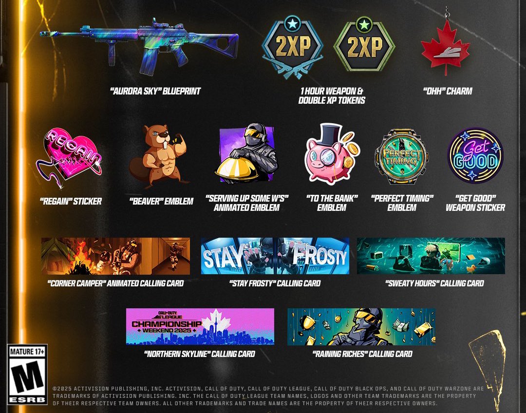 #BlackOps6: CDL Champs 2025 Rewards have been REVEALED!

Watch from June 26th - 29th to Earn:
💥 ‘Aurora Sky’ AMES 85 Blueprint
💥 ‘Ohh’ Charm
💥 ‘Beaver’ Emblem
💥 5 Calling Cards
💥 8 Hours of 2XP
💥 + MORE