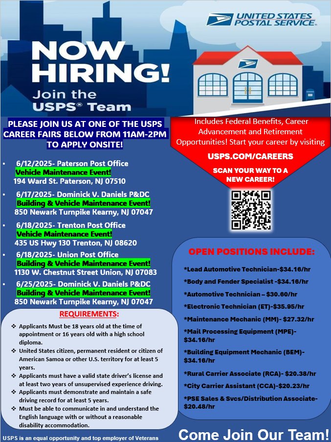 SoBrunswickTwp's tweet image. ๐จ USPS is hiring! ๐จ
Join one of their June Career Fairs in NJ for on-site applications.
๐ผ Building & Vehicle Maintenance
๐บ๐ธ Veteran-friendly
๐ง Great pay & federal benefits!
๐Details: usps.com/careers
#USPSJobs #NowHiring #NJJobs