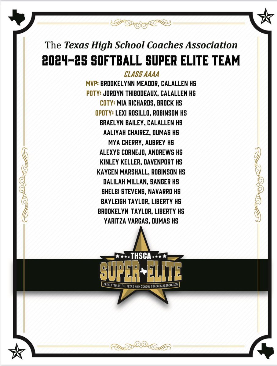 A big congratulations to #3 Yaritza Vargas &amp; #17 Aaliyah Chairez for making The Texas High School Coaches Association 2024-2025 Softball Super Elite Team!!!! We are so proud of you!!!!! 🧡🖤