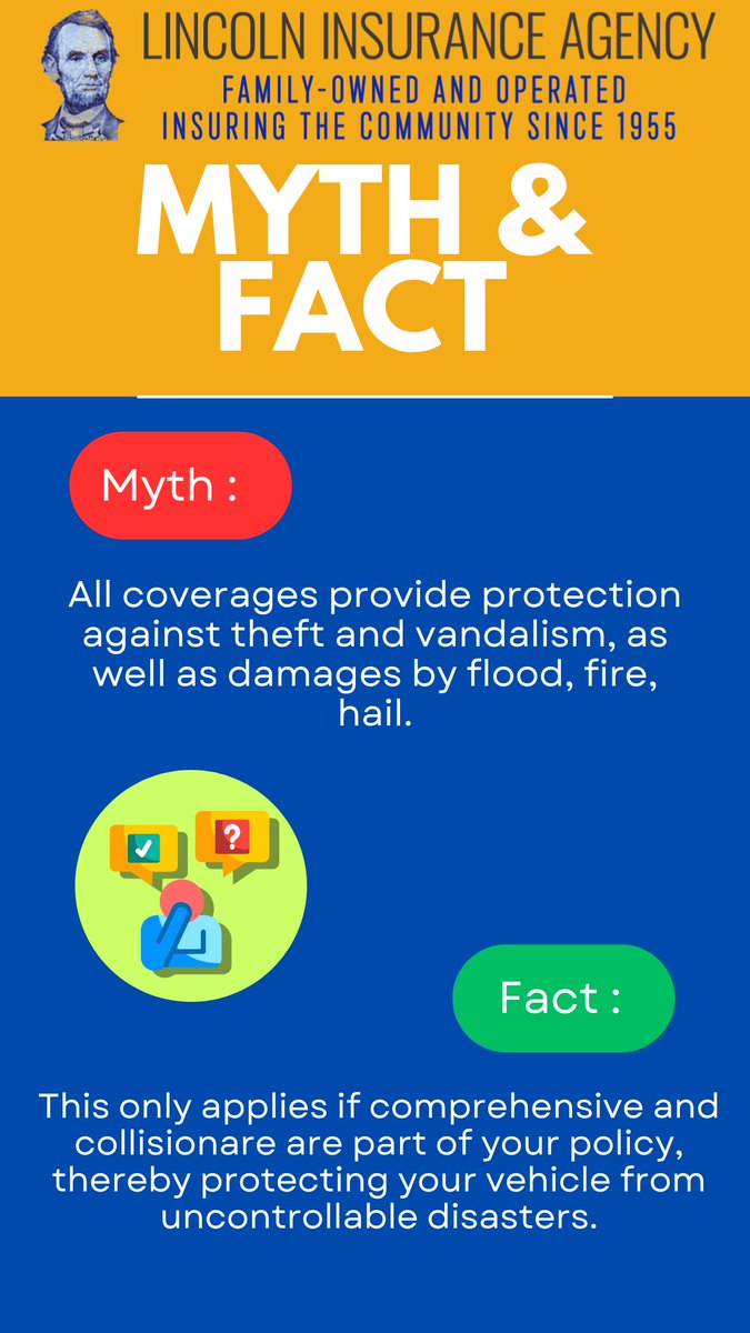 Comprehensive coverage protects against natural disasters, theft and more. 
While collision coverage handles repair expenses.

Upgrade your policy today with a Customer Service Representative and drive with confidence!
#LincolnInsurance #MythandFactMonday
