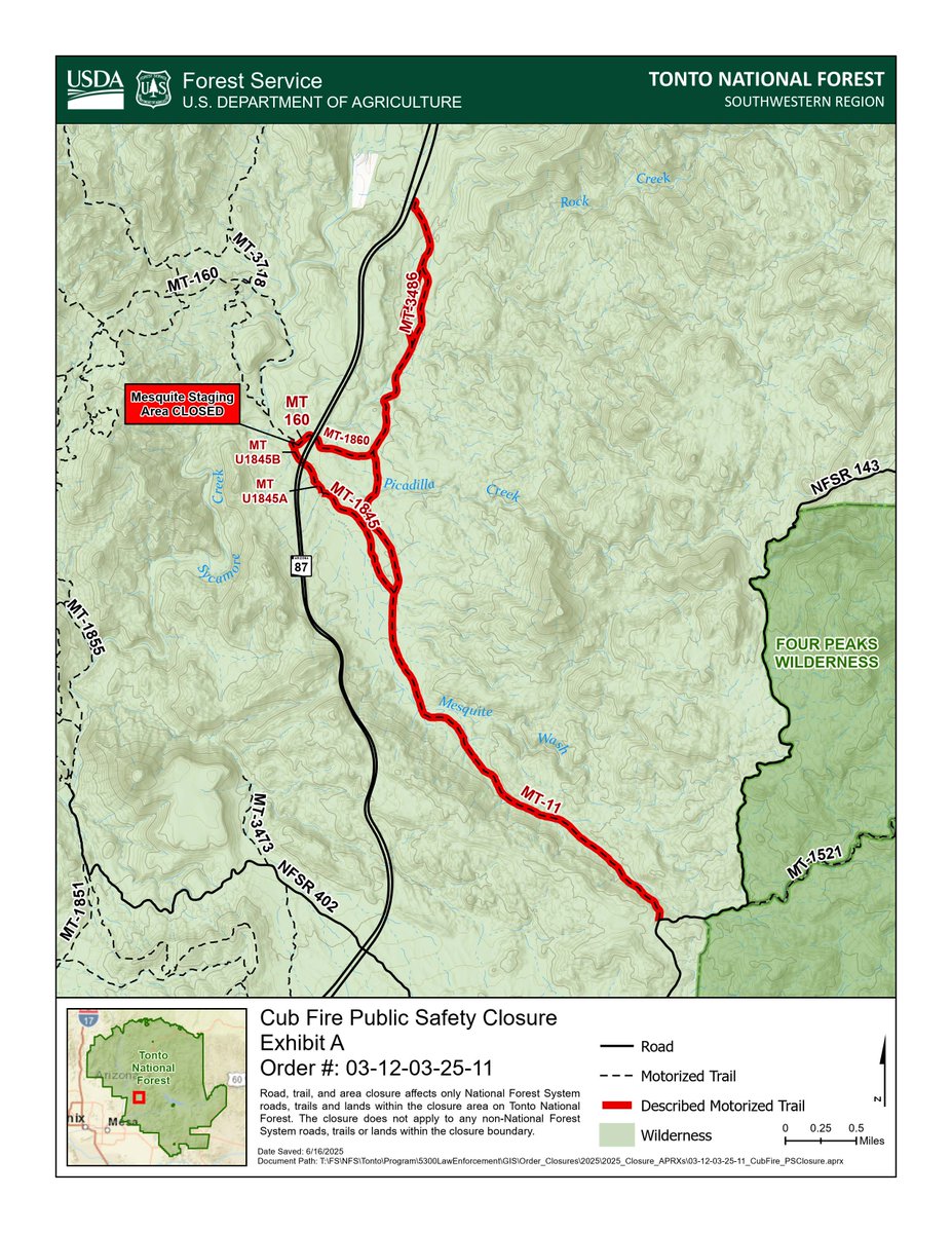 The #TontoNF's Mesa Ranger District issued a Cub Fire Emergency Closure Order for Public Health and Safety. 

Please review the Closure Order via our website: fs.usda.gov/r03/tonto/aler….