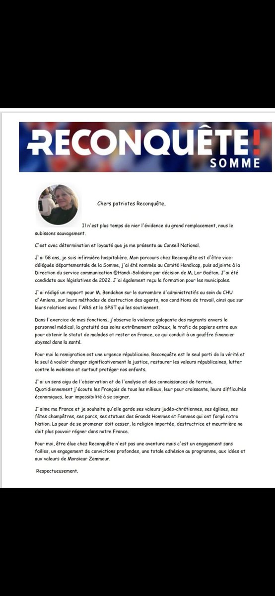 @Reconquête.  Chers adhérents, prenez 2 mn sur votre mail pour voter pour les élections du #Conseil National #Reconquête et votez pour moi donc la <a href="/Somme/">Daryl Sommerville</a> pour les HDF. Soyez  représentés par une cadre avec convictions, battante, et qui recevra  vos demandes.