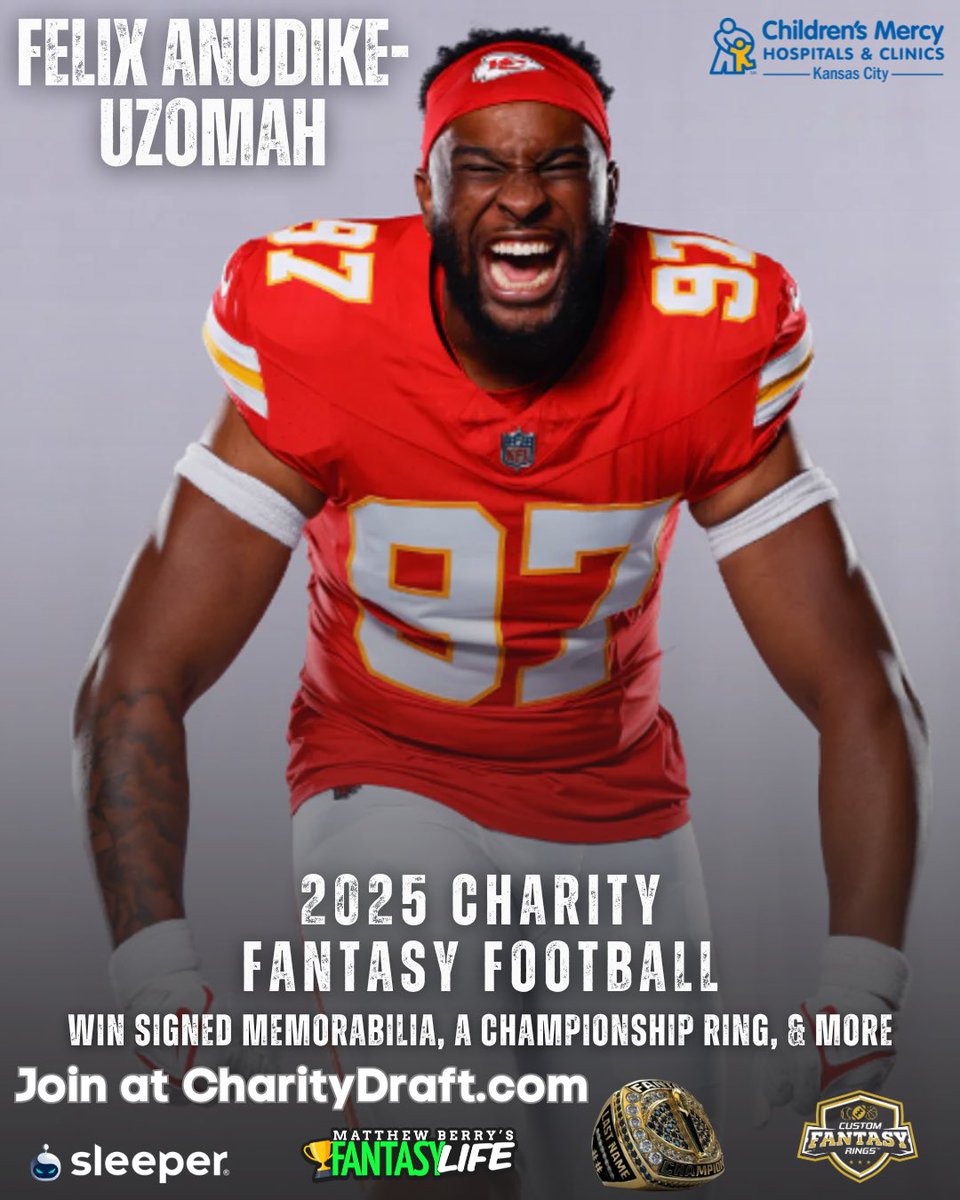 AE30Foundation's tweet image. ‼️Announcing the 1st annual Felix Anudike-Uzomah Charity Fantasy Football League! Profits support Children’s Mercy Hospitals & Clinics in Kansas City
Prizes include signed memorabilia, a championship ring, and more.
REGISTER NOW at CharityDraft.com 🏈. @fanudike