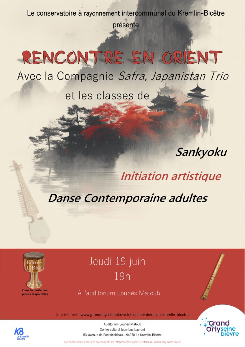 Jeudi 19 juin à 19 heures
Auditorium Lounès-Matoub
53 avenue de Fontainebleau au Kremlin-Bicêtre

Entrée libre dans la limite des places disponibles.

#musiquesdumonde #rubab #daf #tombak #shakuhachi #koto #shamisen #danse #dansecontemporaine #Japon #Afghanistan #sankyoku