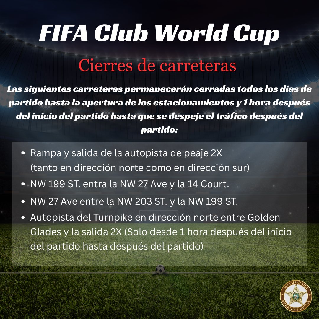 MDSO En Español (@mdsoenespanol) on Twitter photo Al darles la bienvenida a los aficionados a los partidos de la <a href="/FIFACWC/">FIFA Club World Cup</a> en el <a href="/HardRockStadium/">Hard Rock Stadium</a>, les rogamos que tengan en cuenta los cierres de carreteras y los retrasos en el tráfico en la zona. Prevean tiempo adicional para viajar, sigan las señales y utilicen rutas Al darles la bienvenida a los aficionados a los partidos de la <a href="/FIFACWC/">FIFA Club World Cup</a> en el <a href="/HardRockStadium/">Hard Rock Stadium</a>, les rogamos que tengan en cuenta los cierres de carreteras y los retrasos en el tráfico en la zona. Prevean tiempo adicional para viajar, sigan las señales y utilicen rutas