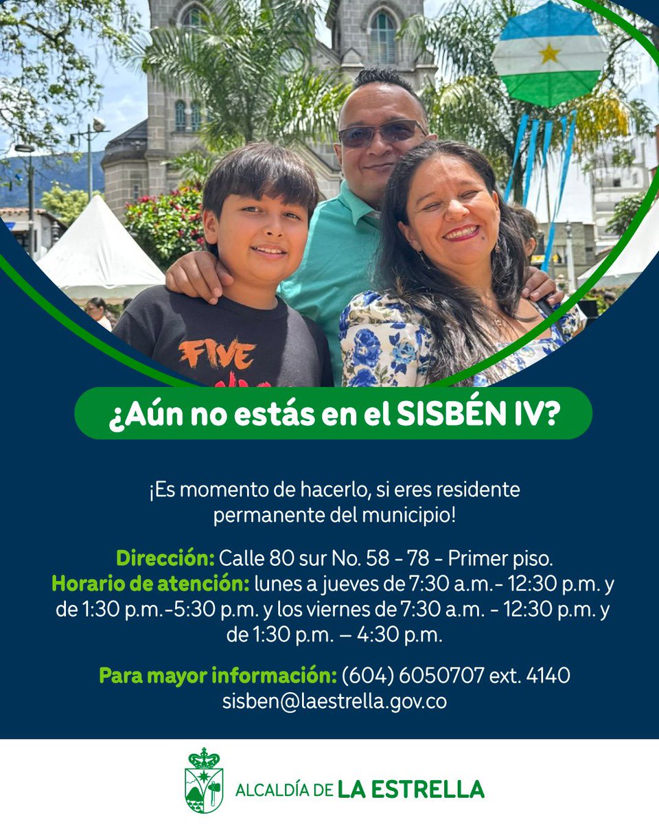 Siderense, tu bienestar comienza con un paso. 👌🏻
Si aún no estás en el SISBÉN IV, es momento de hacer parte. 📝

Acércate a la 📍 Oficina del SISBÉN en La Estrella y asegúrate de estar incluido.
¡El primer paso es estar registrado! 📇