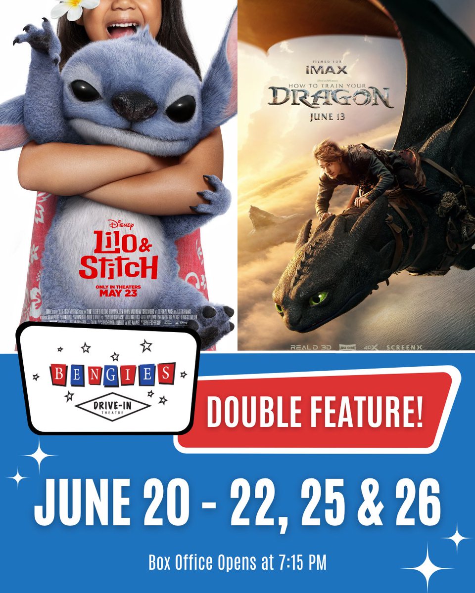 Bengies Drive-in (@bengies) on Twitter photo Box Office Opens at 7:15 PM | Closes at 11:00 PM
8:45 PM -  “LILO & STITCH” PG
10:45 PM “HOW TO TRAIN YOUR DRAGON” (2025) PG Box Office Opens at 7:15 PM | Closes at 11:00 PM
8:45 PM -  “LILO & STITCH” PG
10:45 PM “HOW TO TRAIN YOUR DRAGON” (2025) PG
