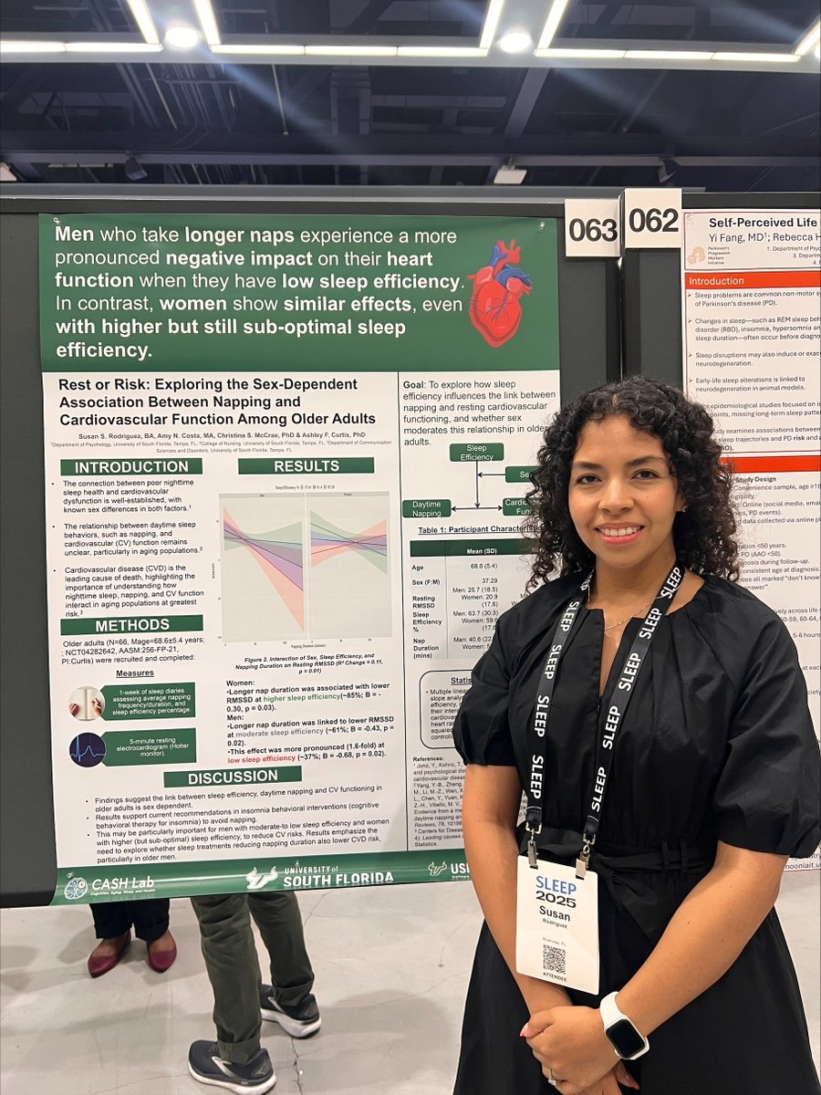 Big week for SHINE Science at #SLEEP2025!

✨ The <a href="/CASHlabUSF/">CASH Lab</a>'s Dr. <a href="/ashleyfcurtis/">Dr. Ashley F. Curtis</a>, doctoral candidate Amy Costa and graduate researcher Susan Rodriguez shared new findings on cognitive training, sleep, alcohol use, cardiovascular health and sex differences in aging.