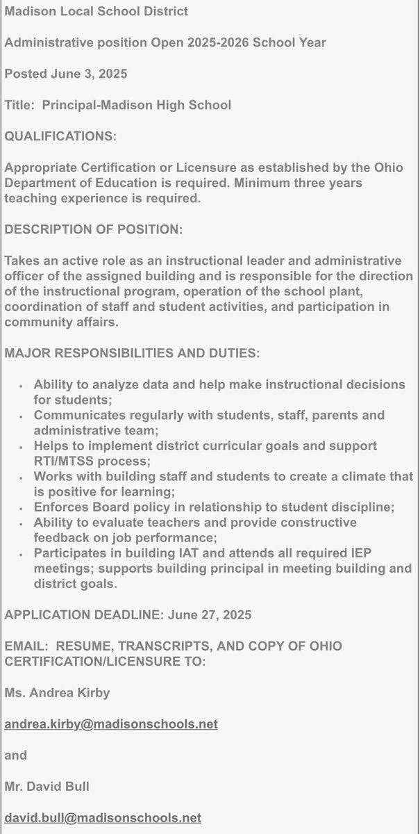 Madison Local Schools is looking for a High School Principal!   Apply today! #BlueStreakPride