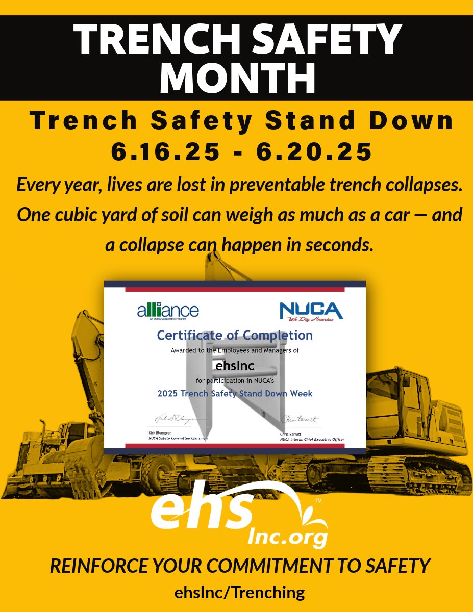 June is Trench Safety Month

Every year, lives are lost in preventable trench collapses. DYK: 1 cubic yard of soil can weigh as much as a car? Let’s commit to protecting workers by following proper safety procedures. 

ehsInc.org/Trenching
#TrenchSafetyMonth #TrenchSafety