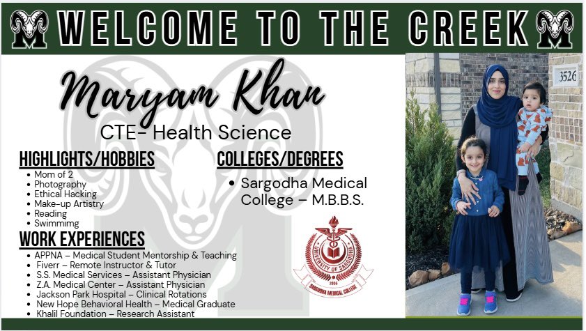 Welcome to the Creek, Maryam Khan! Maryam will be joining our Health Science pathway.