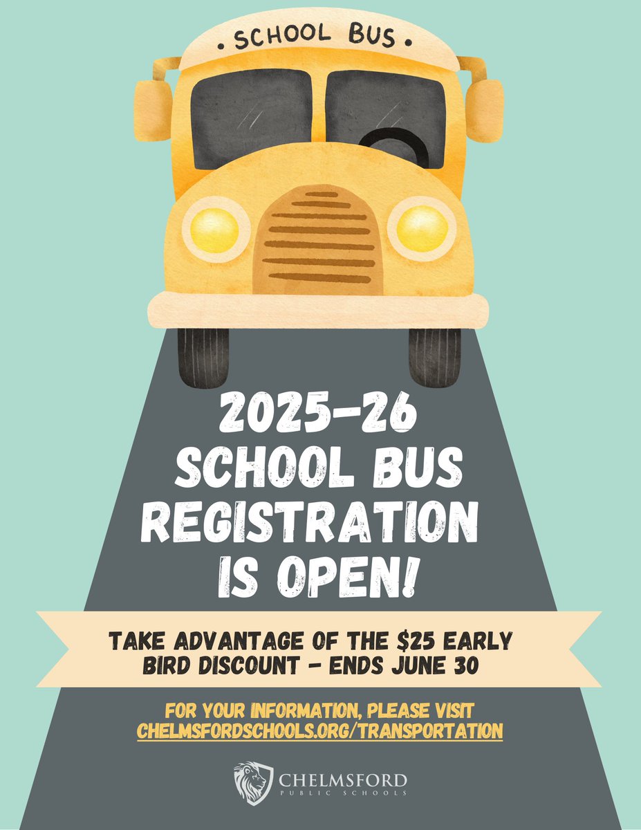 Don’t forget to register your child(ren) for the bus. Only two weeks left to take advantage of the early bird discount!
chelmsfordschools.org/departments/tr…