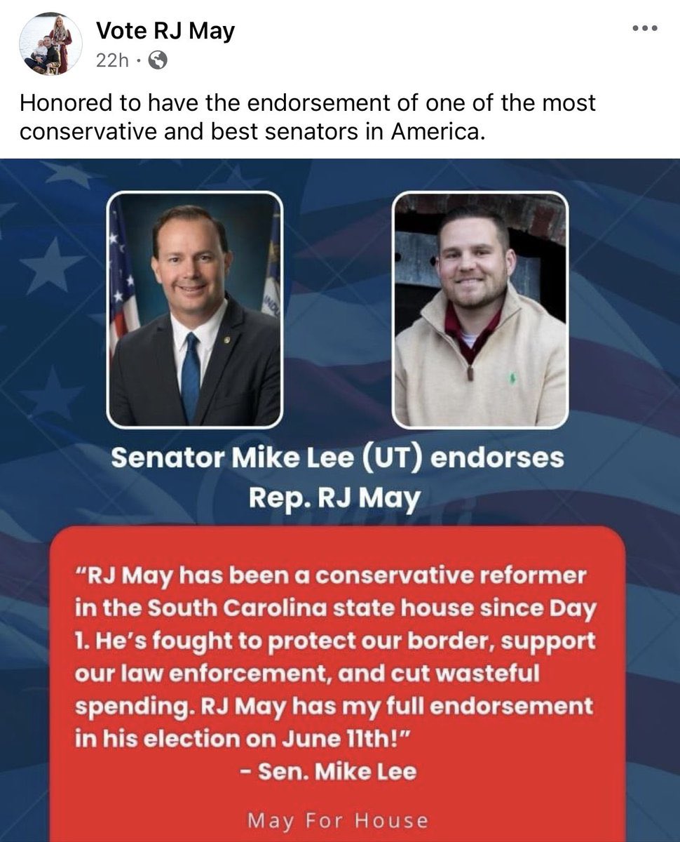 South Carolina GOP State Rep. RJ May, who was indicted on federal child sex abuse material charges, was previously endorsed by Senator Mike Lee.