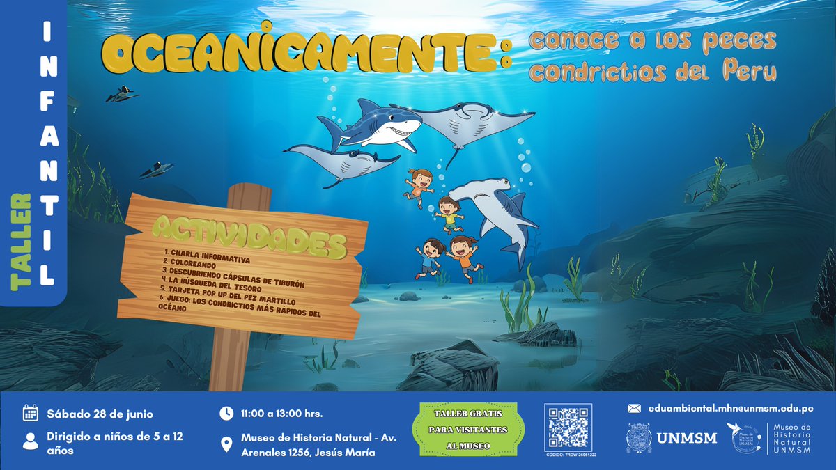 Taller infantil "Oceánicamente: conoce a los peces condrictios del Perú" 
Día: sábado 28 de junio
Hora: de 11am. a 1pm.
Lugar: Jardines del museo. Av. Arenales 1256, Jesús María.
Dirigido a: niños de 5 a 12 años.
Evento gratuito pagando la entrada del museo.