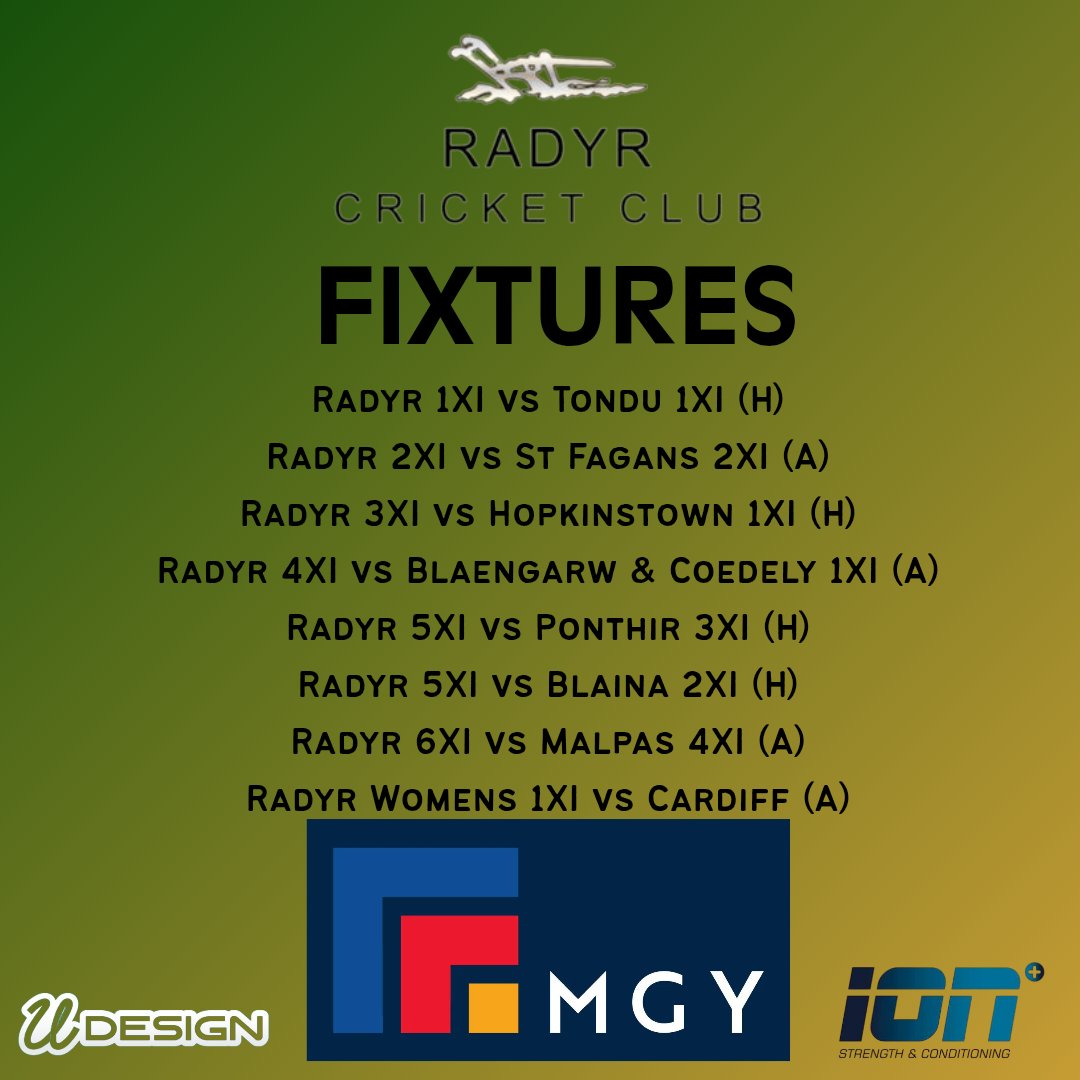 📣 Weekend Fixtures Incoming! 🏏
Here’s what’s coming up for all our Radyr CC teams — from 1XI through to the Women’s XI, we’ve got action home and away! 💪

Let’s get behind every side and bring the energy! 💚💛

#FTP 🔰