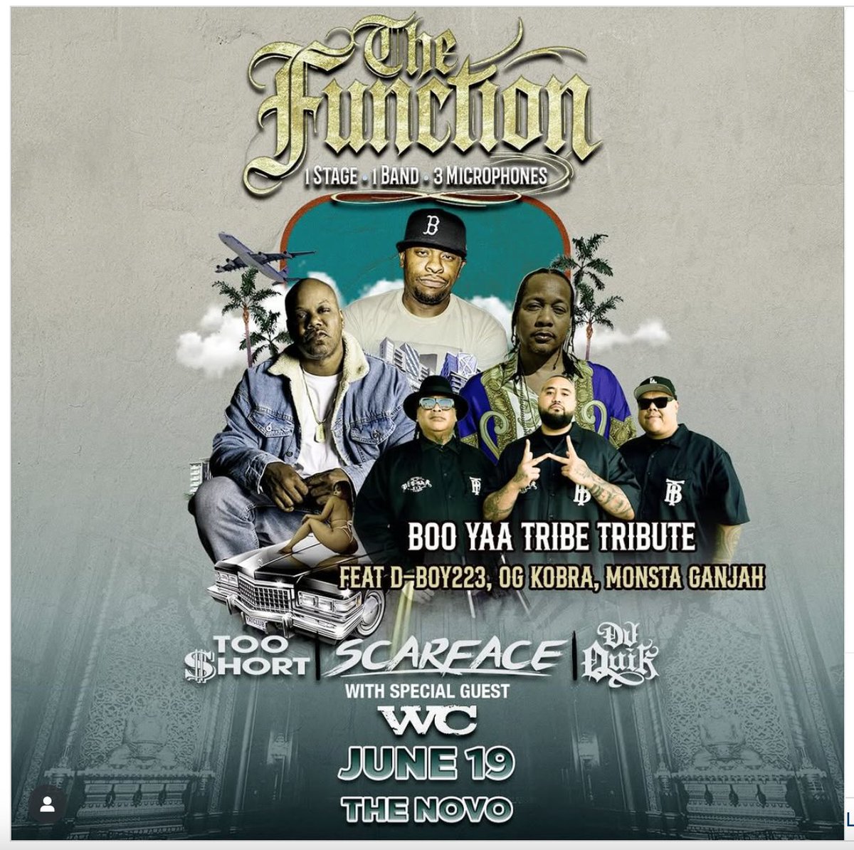 This FRIDAY June 19th at the famous NOVO LA <a href="/TheNovoDTLA/">The Novo DTLA</a> "BOO-YAA TRIBE TRIBUTE" supporting <a href="/BrotherMob/">SCARFACE</a> + <a href="/TooShort/">Too $hort</a> + <a href="/dj_quikkkk/">Dj Quik</a> #Tickets >>>
<a href="/dubbfacemaniack/">DBOY223</a> + <a href="/OgKobra/">Triple OG Kobra</a> + @monsta_g #WESTCOAST #LIVINGLEGENDS 🔥🔥