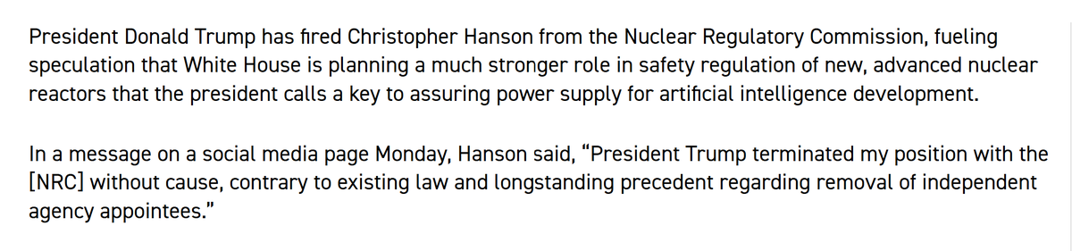 NRC commissioner fired "without cause" 

- 3 US licenses and designs approved (Vogtle 3, Nuscale SMR, Kairos test) from 2021-25 with 1 commercial construction start 

-China approved &gt; 20 licenses in same time frame and started 6-10 starts annually over same time frame