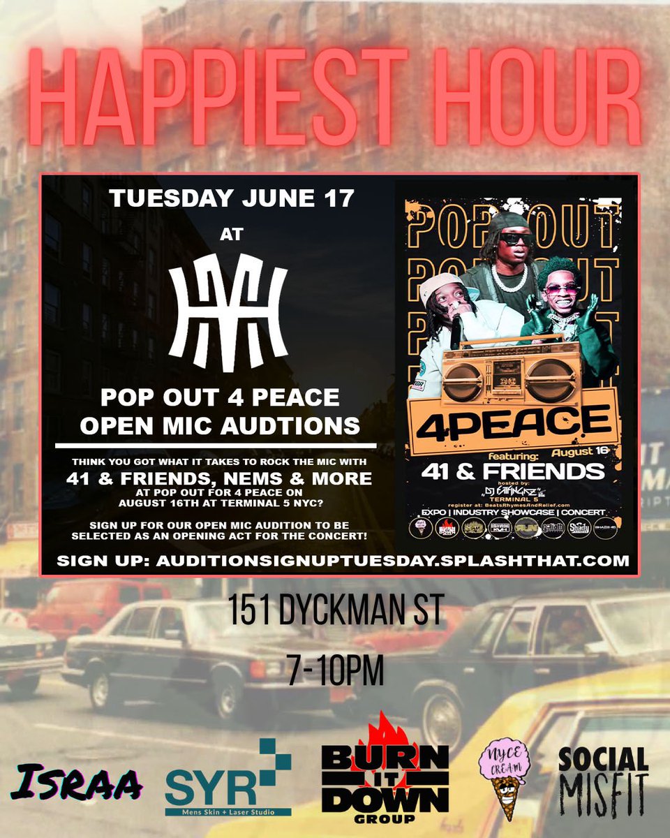 This Tues 6/17 🎤 we’re hosting Pop Out 4 Peace open mic auditions at #IndustryTuesdays! Rock the mic at 151 Dyckman for a shot to perform w/ 41 &amp; Friends, NEMS + more at Terminal 5. 7–10PM. Sign up: <a href="/nems/">NEMS</a> <a href="/burnitdowngroup/">Alvon Miller</a> <a href="/ShadyRecords/">Shady Records, Inc.</a> <a href="/Shade45/">Shade45</a> <a href="/DJFATFINGAZNYC/">«DJ¤F@±F!|\|G^Z::HH»</a> <a href="/SocialMisfitLLC/">THE REAL 2 LIVE CREW</a>