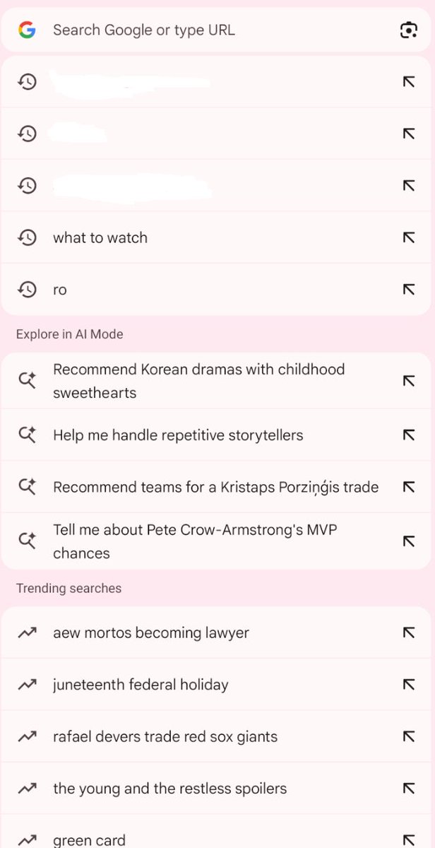 In Google Chrome, when you click on the search bar, you can see "Explore in AI Mode" with personalized suggestions based on your searches.

This is in addition to historical searches and "Trending Searches."

#aimode #google #chrome