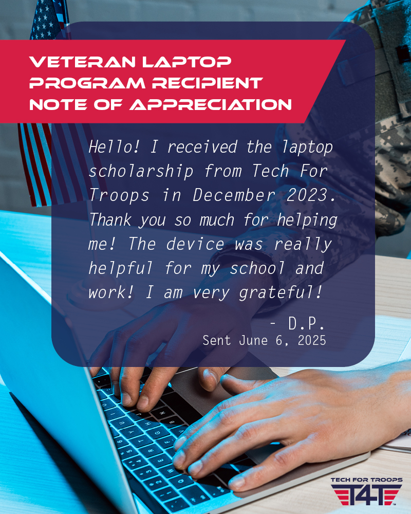 Thank you to D.P., who sent us this message on June 6th.
It’s always good to hear back from our veterans—and notes like this remind us exactly why we do what we do. 💻🇺🇸
We’re proud to support those who’ve served.
#TechForTroops #VeteranSupport #LaptopProgram #Gratitude