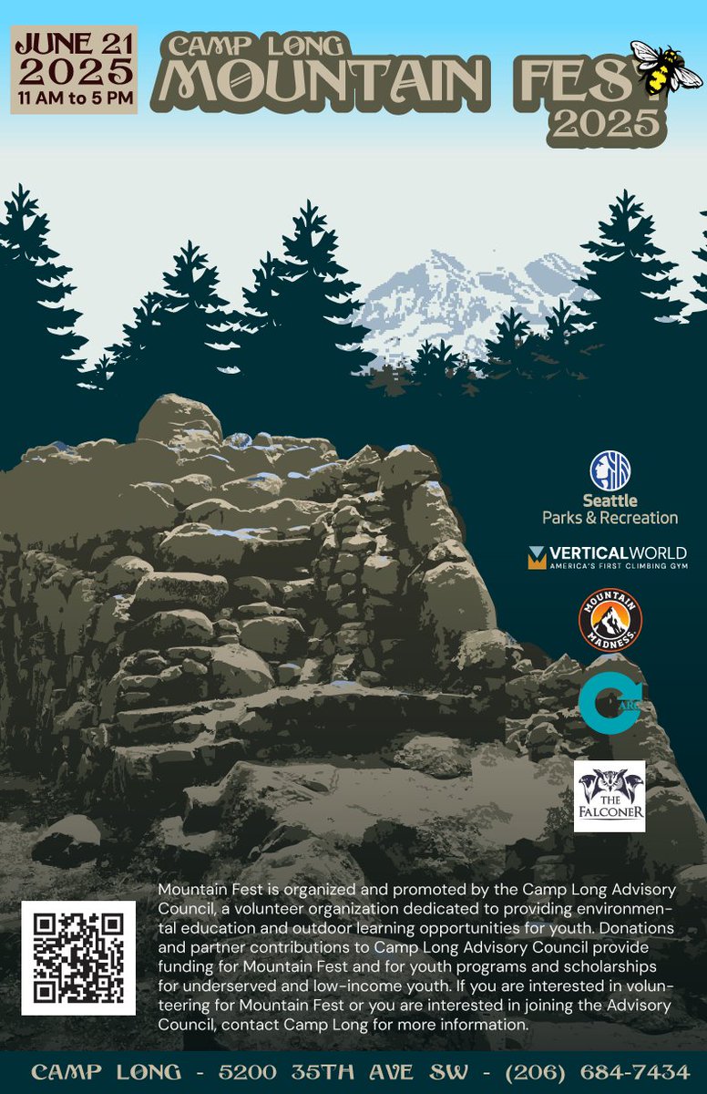 Seattle Parks (@seattleparks) on Twitter photo Mountain Fest is this Saturday, June 21, 11-5 pm, at Camp Long in West Seattle!  
It's a free day of outdoor activity for all ages, with rock climbing, bouldering, rappelling, nature walks, a scavenger hunt, and the high-ropes course.
Camp Long is located at 5200 35th Ave SW. Mountain Fest is this Saturday, June 21, 11-5 pm, at Camp Long in West Seattle!  
It's a free day of outdoor activity for all ages, with rock climbing, bouldering, rappelling, nature walks, a scavenger hunt, and the high-ropes course.
Camp Long is located at 5200 35th Ave SW.