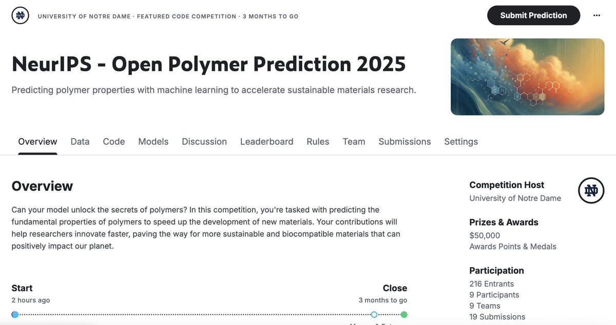 🎓💰🔬 Want to learn machine learning, win a cash prize (USD 50K in total!!), and help drive real progress in discovering new polymer materials? 

All available at our NeurIPS 2025 Open Polymer Challenge: open-polymer-challenge.github.io 🚀

Join now (Kaggle): kaggle.com/competitions/n… 📈