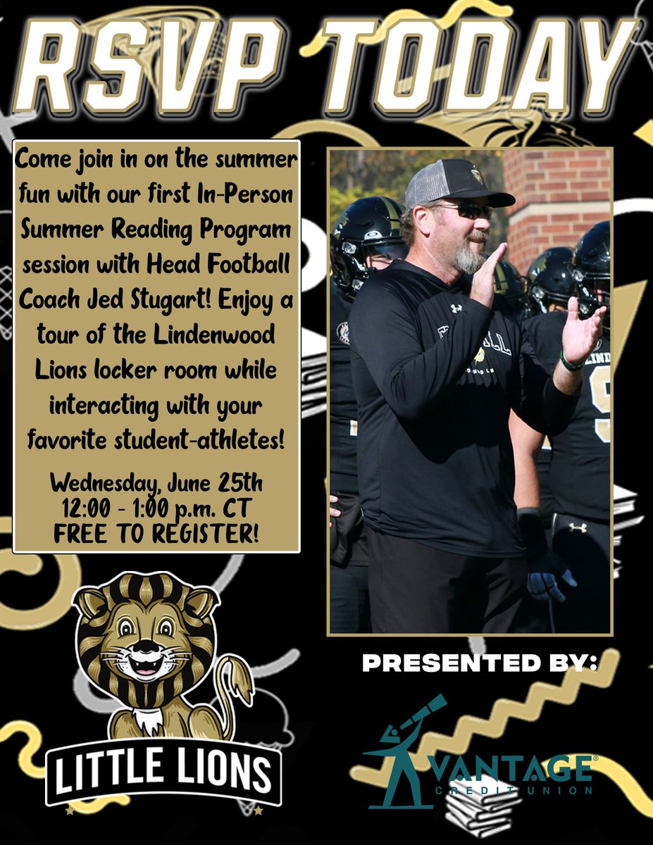 Lindenwood Athletics (@lu_lions) on Twitter photo 𝑪𝒐𝒐𝒍 𝒐𝒇𝒇 this summer with our first ever in-person reading with head football coach <a href="/stugfb/">Jed Stugart</a> 📖🏈
Come join in on the fun inside the football locker room on Wednesday, June 25th from 12:00 - 1:00 p.m. CT✏️🦁
RSVP🔗: tinyurl.com/455scfht
#NewLevel 𝑪𝒐𝒐𝒍 𝒐𝒇𝒇 this summer with our first ever in-person reading with head football coach <a href="/stugfb/">Jed Stugart</a> 📖🏈
Come join in on the fun inside the football locker room on Wednesday, June 25th from 12:00 - 1:00 p.m. CT✏️🦁
RSVP🔗: tinyurl.com/455scfht
#NewLevel