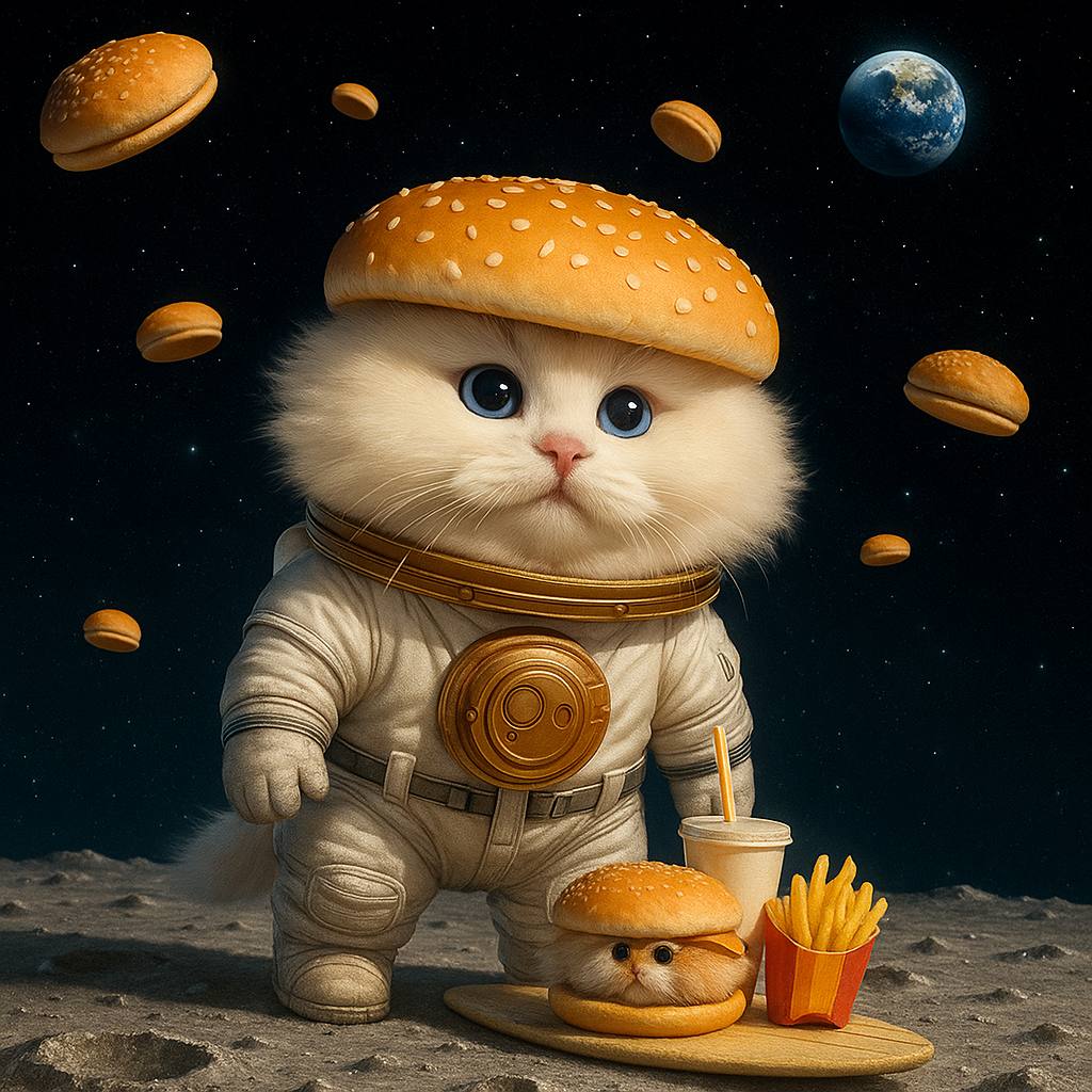 $burcat eating a burcat and fries on the moon!