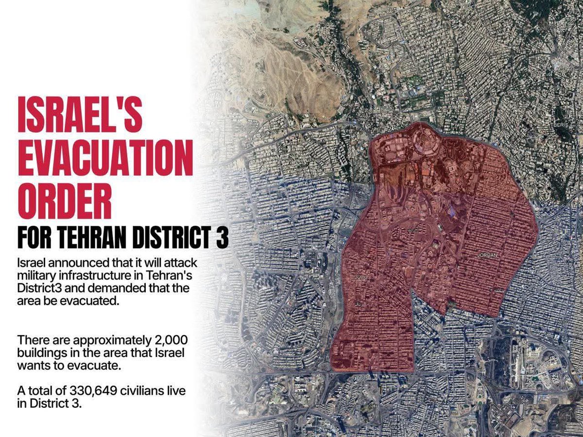 Nethanyau ha intimato agli abitanti del quartiere n. 3 di Teheran di abbandonare le loro case, perché avranno luogo bombardamenti a tappeto.
Vogliono ridurre Teheran come Gaza.

Segui e diffondi il canale:

t.me/laltrafacciade…