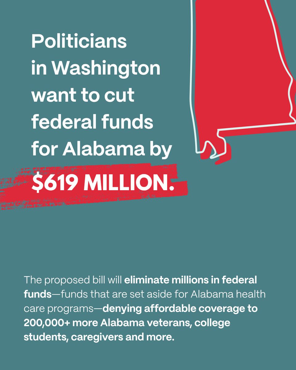 Call today to protect health care for 190,000 Alabamians.
Sen. Tommy Tuberville -  (202) 224-4124 
Sen. Katie Britt - (202) 224-5744
