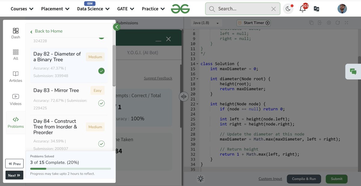 Jeeteshwar07's tweet image. Day 82 of my GFG 160 journey — solved “Diameter of a Binary Tree”! 🌳📐
Measured the longest path between two leaves — trees are deeper than they look! 🌲🔁
#Day82 #DiameterOfBinaryTree #TreeProblems #gfg160 #geekstreak2025 @geeksforgeeks