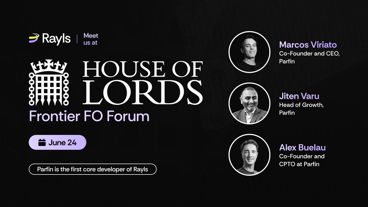 Rayls (@raylslabs) on Twitter photo Rayls at the Frontier FO Forum 🟡🟣
<a href="/mcvviriato/">Marcos Viriato</a> will speak at the Frontier FO Forum at the House of Lords on June 24!
60+ family offices, 15 MPs, 5 academics, and 30 powerhouses will join us.
<a href="/x10xalex/">Alex Buelau</a> and <a href="/VaruJiten/">Jiten Varu</a> will also be there!
If you're attending, let's meet 🤝 Rayls at the Frontier FO Forum 🟡🟣
<a href="/mcvviriato/">Marcos Viriato</a> will speak at the Frontier FO Forum at the House of Lords on June 24!
60+ family offices, 15 MPs, 5 academics, and 30 powerhouses will join us.
<a href="/x10xalex/">Alex Buelau</a> and <a href="/VaruJiten/">Jiten Varu</a> will also be there!
If you're attending, let's meet 🤝