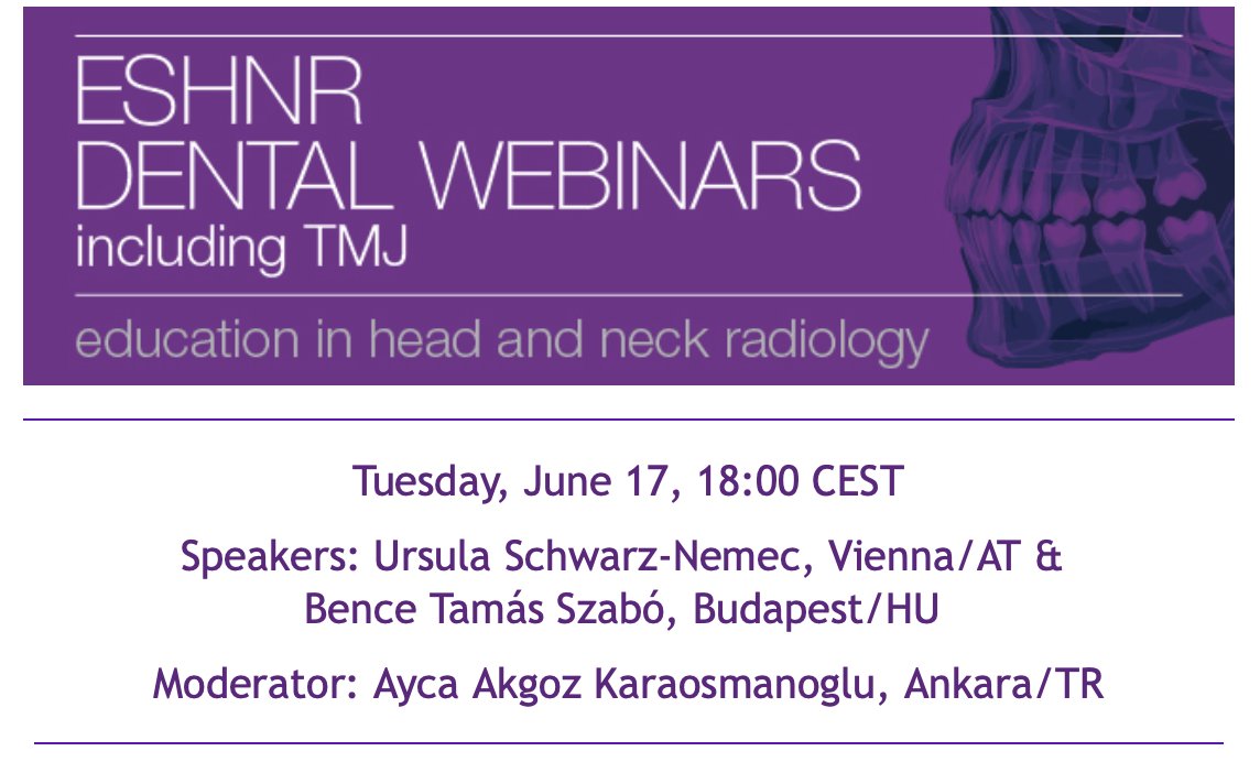 🚀Join us for the upcoming ESHNR dental webinar!
📅 Date: June 17
🕕 Time: 18:00 CEST
🎤 Speakers: Ursula Schwarz-Nemec, Vienna/AT, Bence Tamás Szabó, Budapest/HU
👩‍💻Moderator: Ayca Akgoz Karaosmanoglu, Ankara/TR
🔗tinyurl.com/5859s8fa