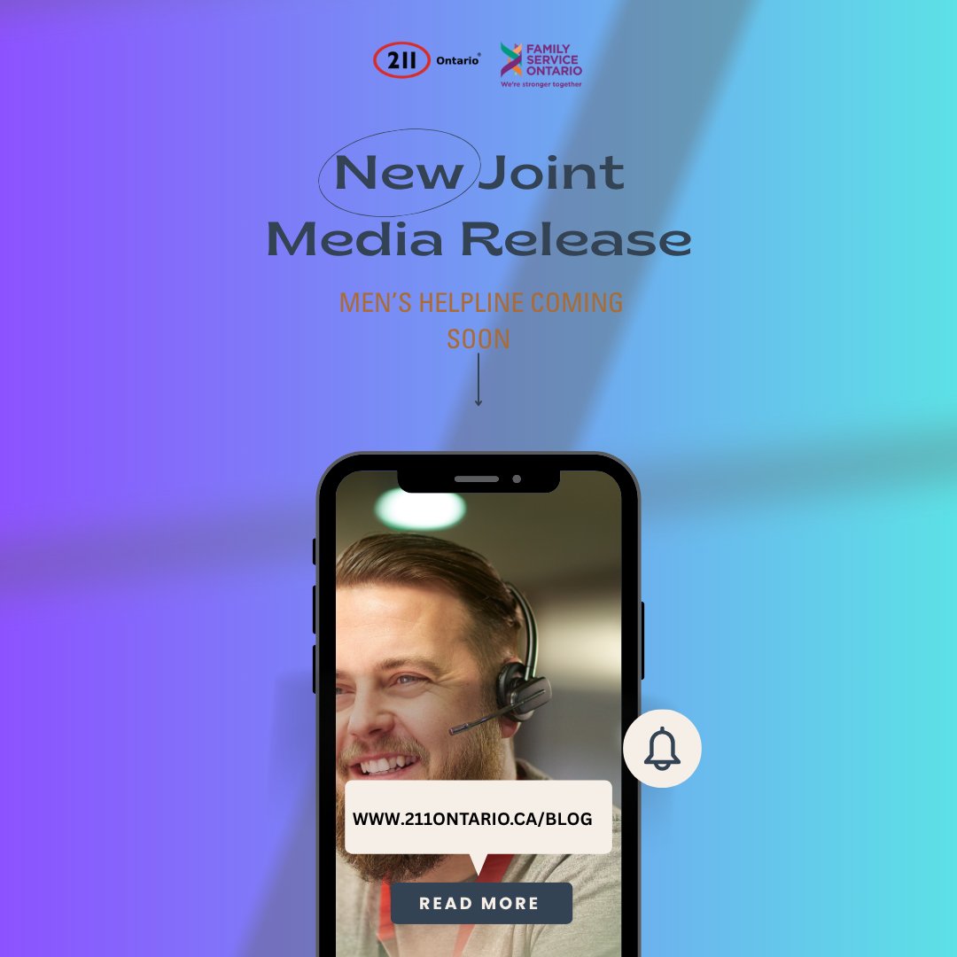 🚨 New Joint Media Release 🚨
We’re excited to announce that a Men’s Helpline is coming soon — a dedicated support line to help men access the services they need, when they need them.

📞 Stay tuned for launch details.
🔗 Read the full blog post here: 211ontario.ca/blog